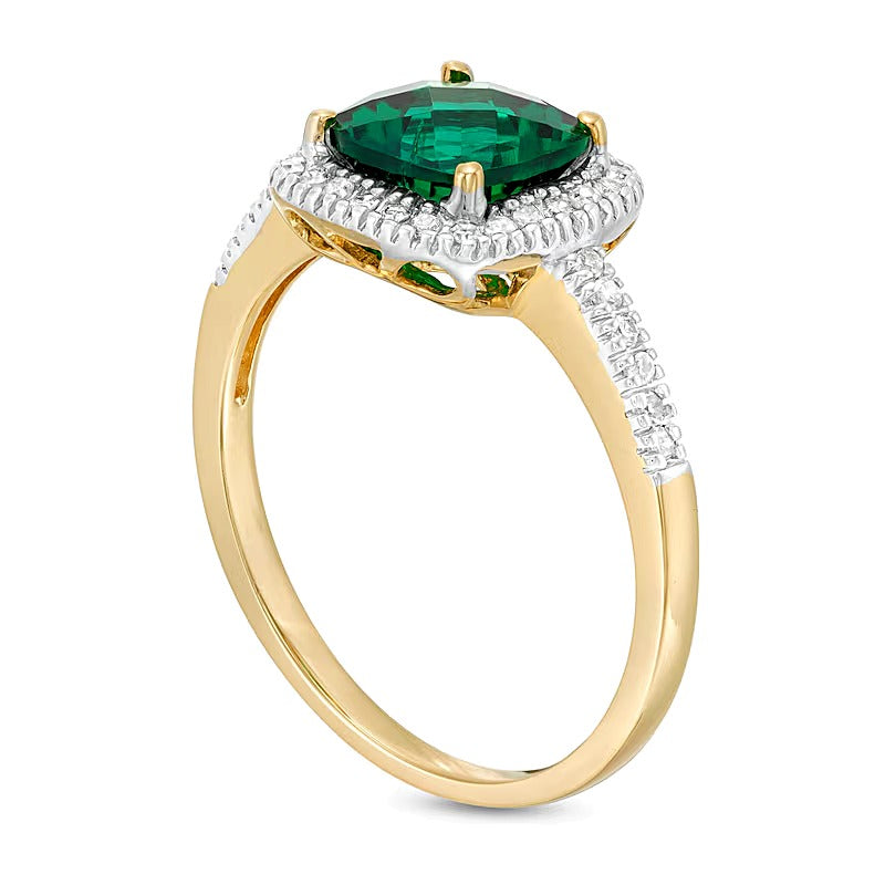 7.0mm Checkerboard Cushion-Shaped Lab-Created Emerald and 0.2 CT. TW Diamond Frame Ring in 10K Gold