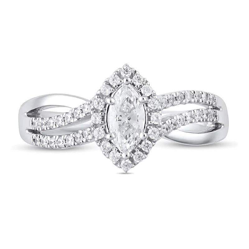 0.75 CT. TW Marquise Diamond Frame Triple Row Bypass Split Shank Engagement Ring in 14K White Gold