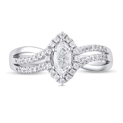 0.75 CT. TW Marquise Diamond Frame Triple Row Bypass Split Shank Engagement Ring in 14K White Gold