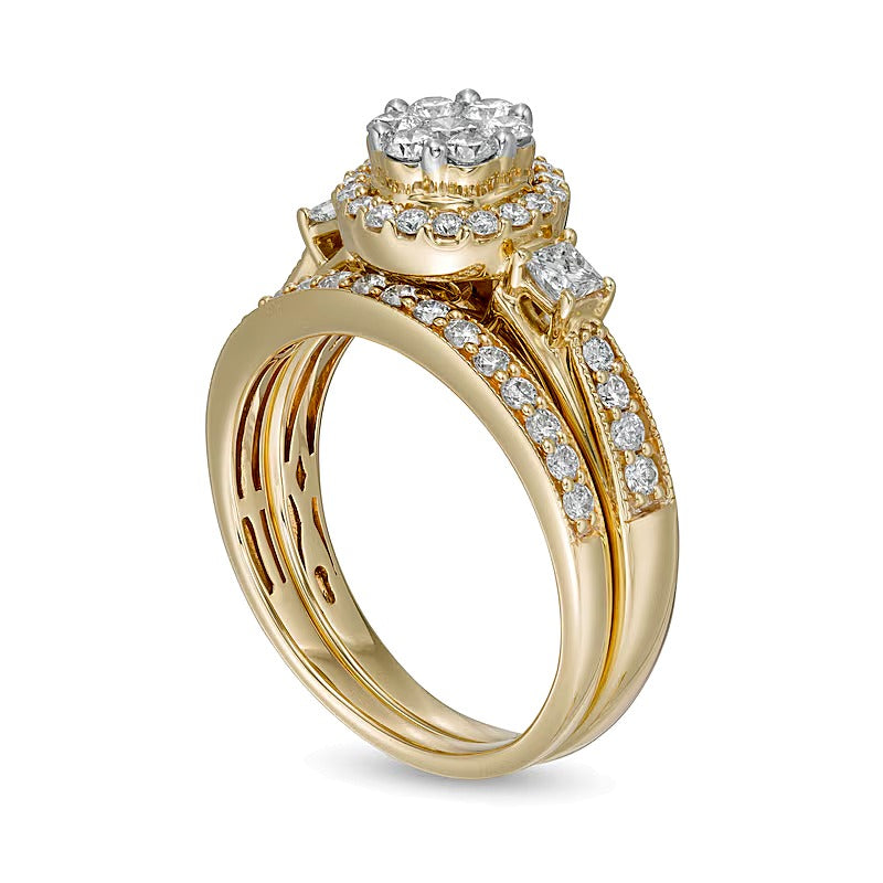 1.0 CT. TW Multi-Diamond Frame Vintage-Style Bridal Set in 10K Gold