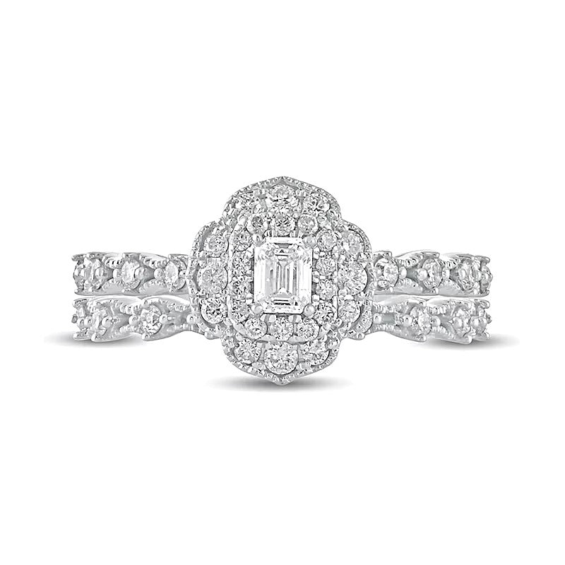 0.63 CT. TW Emerald-Cut Diamond Frame Vintage-Style Bridal Set in 10K White Gold