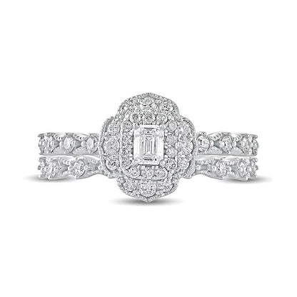 0.63 CT. TW Emerald-Cut Diamond Frame Vintage-Style Bridal Set in 10K White Gold