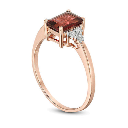 Emerald-Cut Garnet and 0.13 CT. TW Diamond Tri-Sides Engagement Ring in 10K Rose Gold