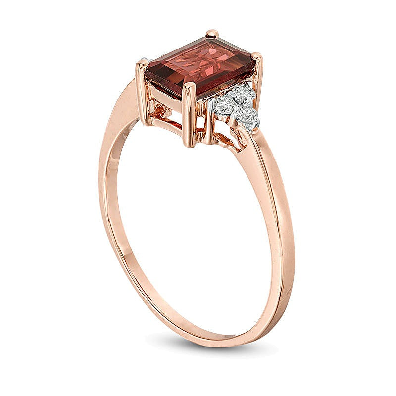 Emerald-Cut Garnet and 0.13 CT. TW Diamond Tri-Sides Engagement Ring in 10K Rose Gold