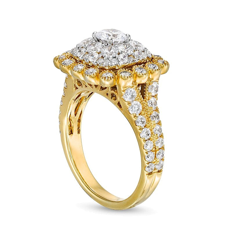 2.0 CT. TW Cushion Multi-Diamond Bubble Frame Vintage-Style Engagement Ring in 10K Gold
