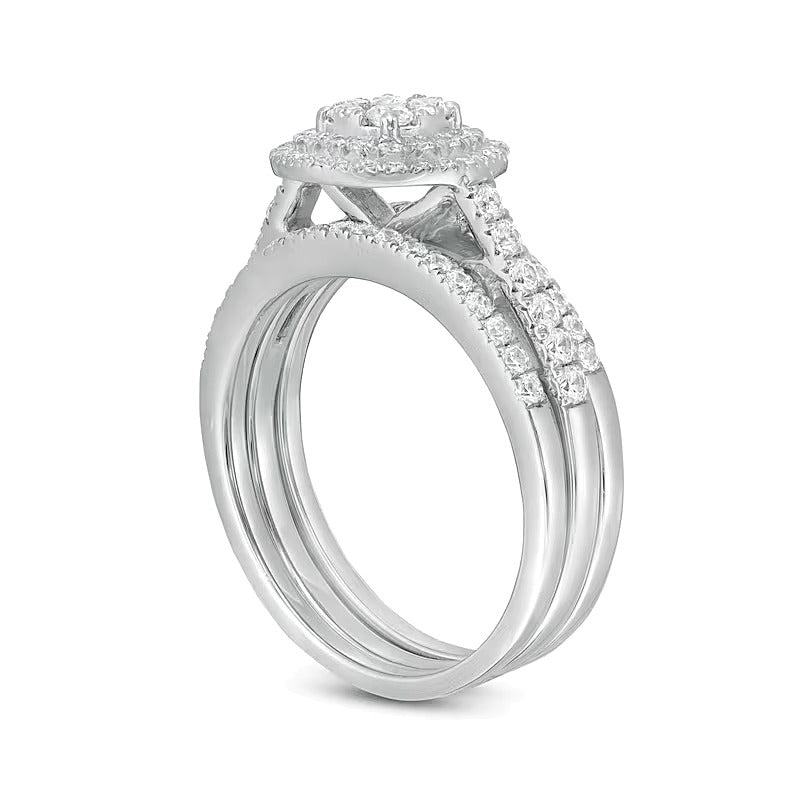 1.0 CT. TW Composite Diamond Double Frame Vintage-Style Three Piece Bridal Set in 10K White Gold