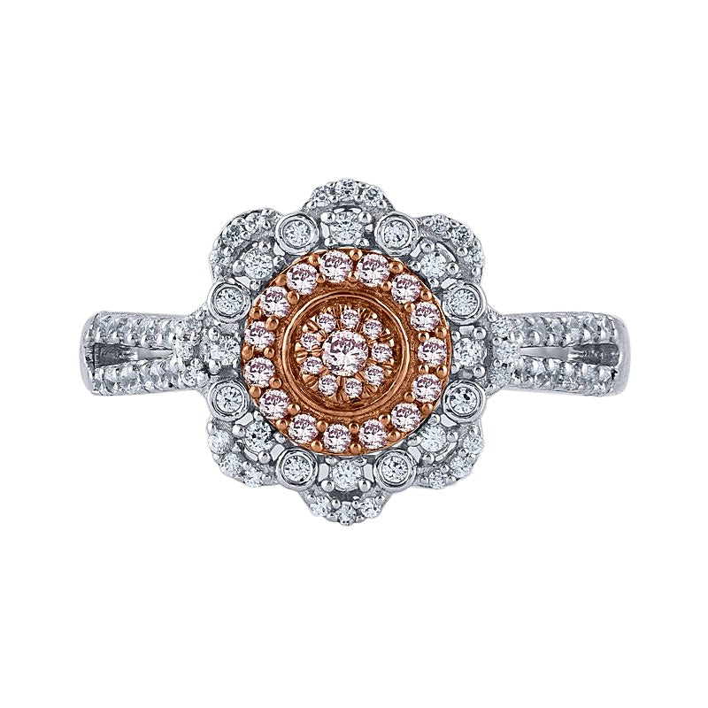 0.5 CT. TW Pink and White Multi-Diamond Scallop Frame Ring in 10K Two-Tone Gold