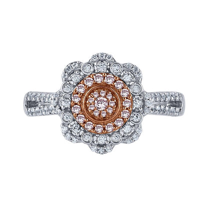 0.5 CT. TW Pink and White Multi-Diamond Scallop Frame Ring in 10K Two-Tone Gold