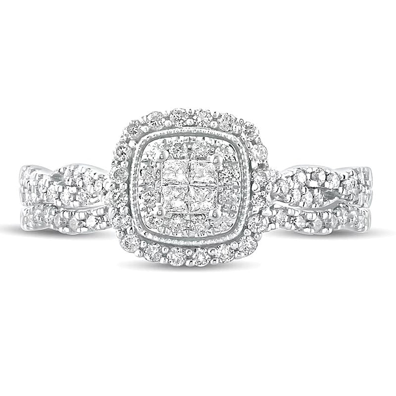 0.5 CT. TW Quad Princess-Cut Diamond Cushion Frame Twist Shank Bridal Set in 10K White Gold