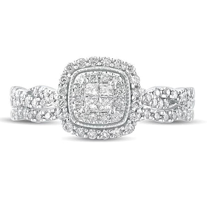 0.5 CT. TW Quad Princess-Cut Diamond Cushion Frame Twist Shank Bridal Set in 10K White Gold
