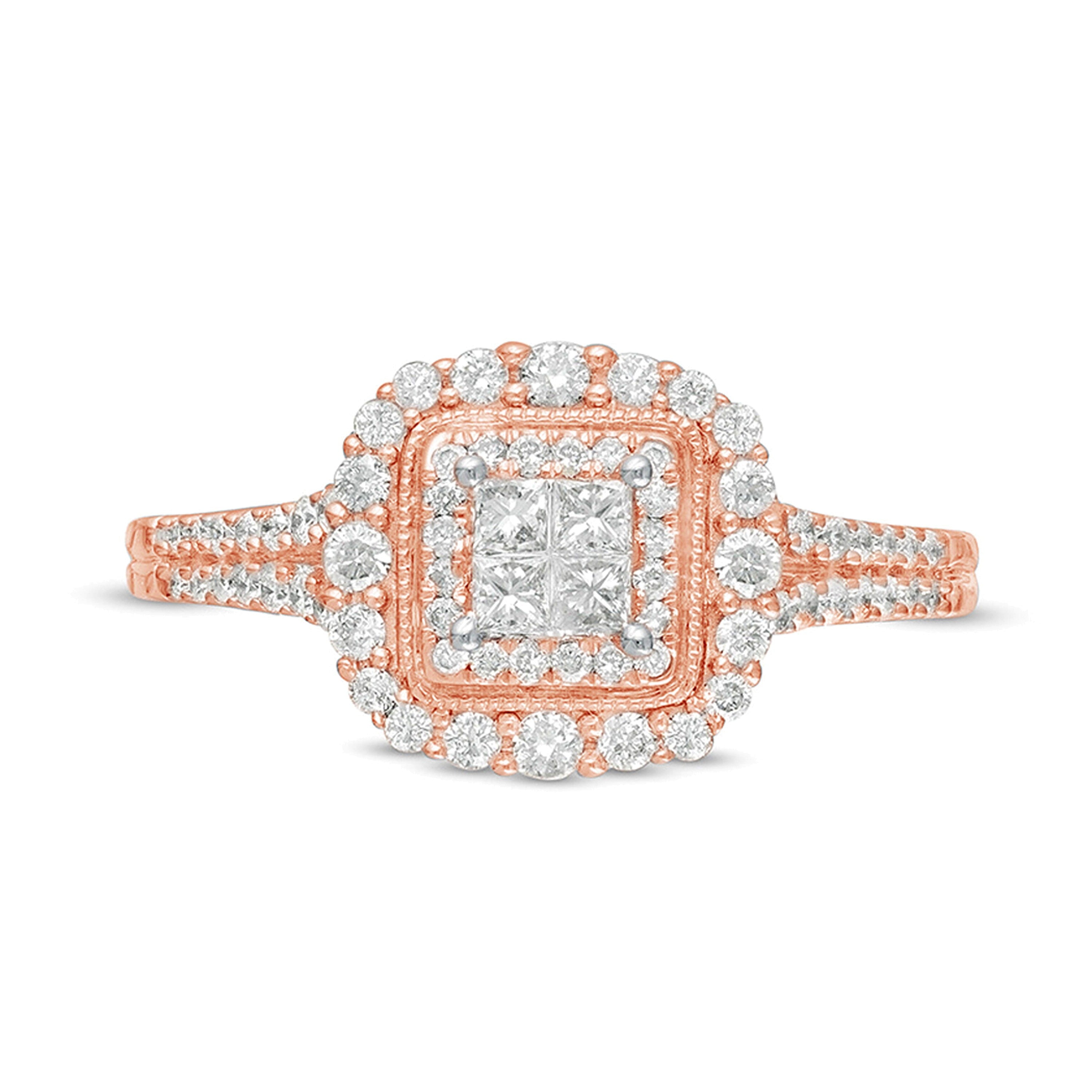 0.5 CT. TW Princess-Cut Quad Diamond Square Frame Vintage-Style Engagement Ring in 10K Rose Gold