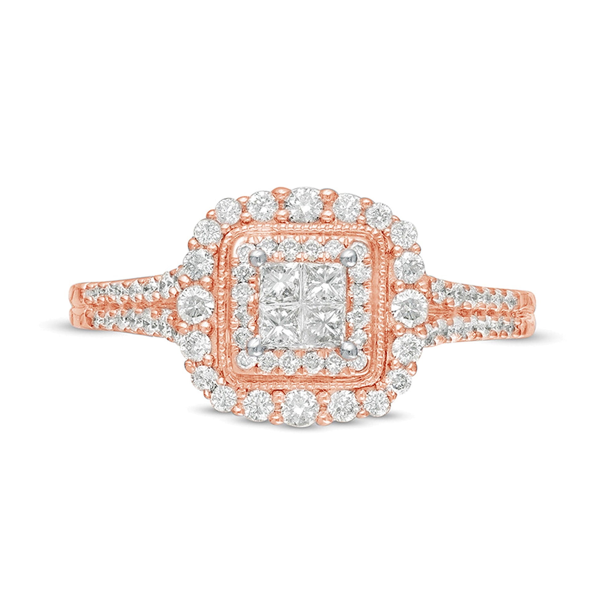 0.5 CT. TW Princess-Cut Quad Diamond Square Frame Vintage-Style Engagement Ring in 10K Rose Gold