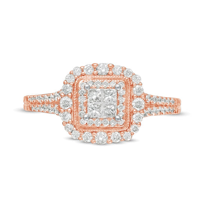 0.5 CT. TW Princess-Cut Quad Diamond Square Frame Vintage-Style Engagement Ring in 10K Rose Gold