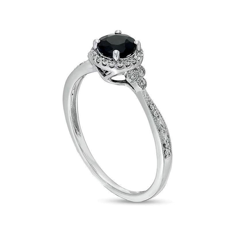 5.0mm Black Sapphire and 0.1 CT. TW Diamond Framed Tri-Sides Vintage-Style Engagement Ring in 10K White Gold