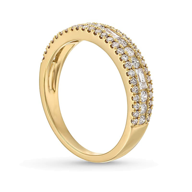 0.63 CT. TW Baguette and Round Diamond Triple Row Anniversary Band in 14K Gold