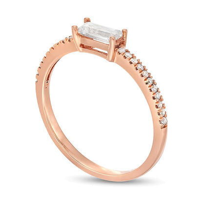Sideways Baguette White Lab-Created Sapphire and 0.1 CT. TW Diamond PavÃ© Ring in 10K Rose Gold