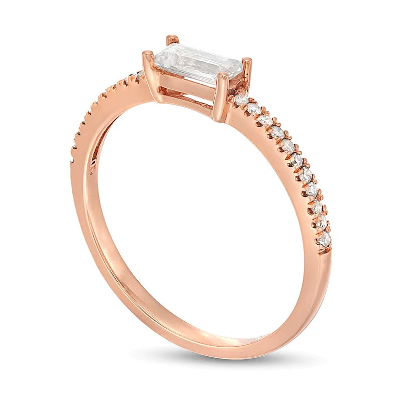 Sideways Baguette White Lab-Created Sapphire and 0.1 CT. TW Diamond PavÃ© Ring in 10K Rose Gold