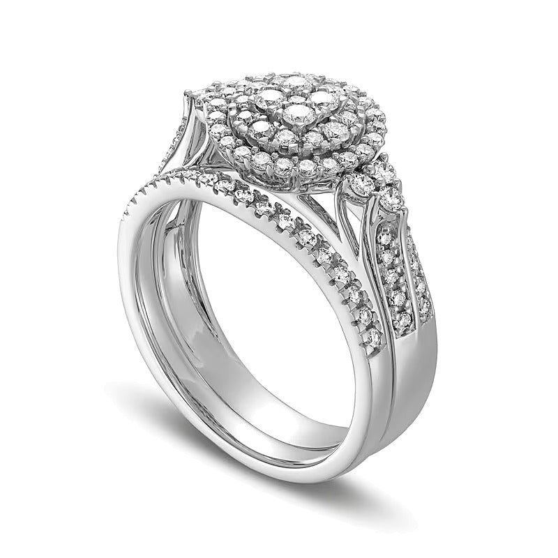 0.75 CT. TW Multi-Diamond Frame Tri-Sides Double Row Cathedral Shank Bridal Set in 14K White Gold
