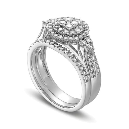 0.75 CT. TW Multi-Diamond Frame Tri-Sides Double Row Cathedral Shank Bridal Set in 14K White Gold