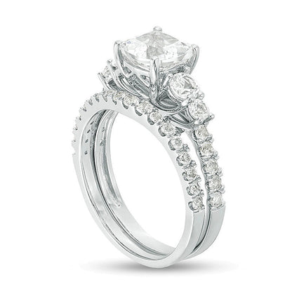7.0mm Cushion-Cut Lab-Created White Sapphire Bridal Set in Sterling Silver