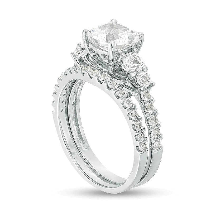 7.0mm Cushion-Cut Lab-Created White Sapphire Bridal Set in Sterling Silver
