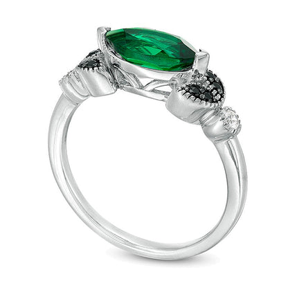 Sideways Marquise Lab-Created Emerald and 0.1 CT. TW Enhanced Black and White Diamond Leaves Ring in 10K White Gold