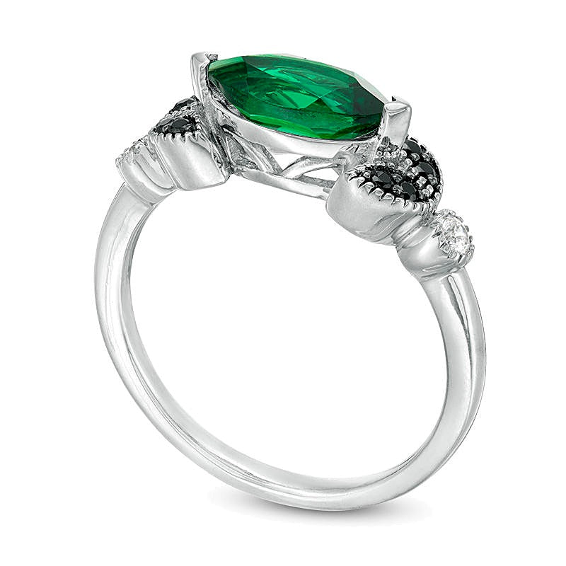 Sideways Marquise Lab-Created Emerald and 0.1 CT. TW Enhanced Black and White Diamond Leaves Ring in 10K White Gold