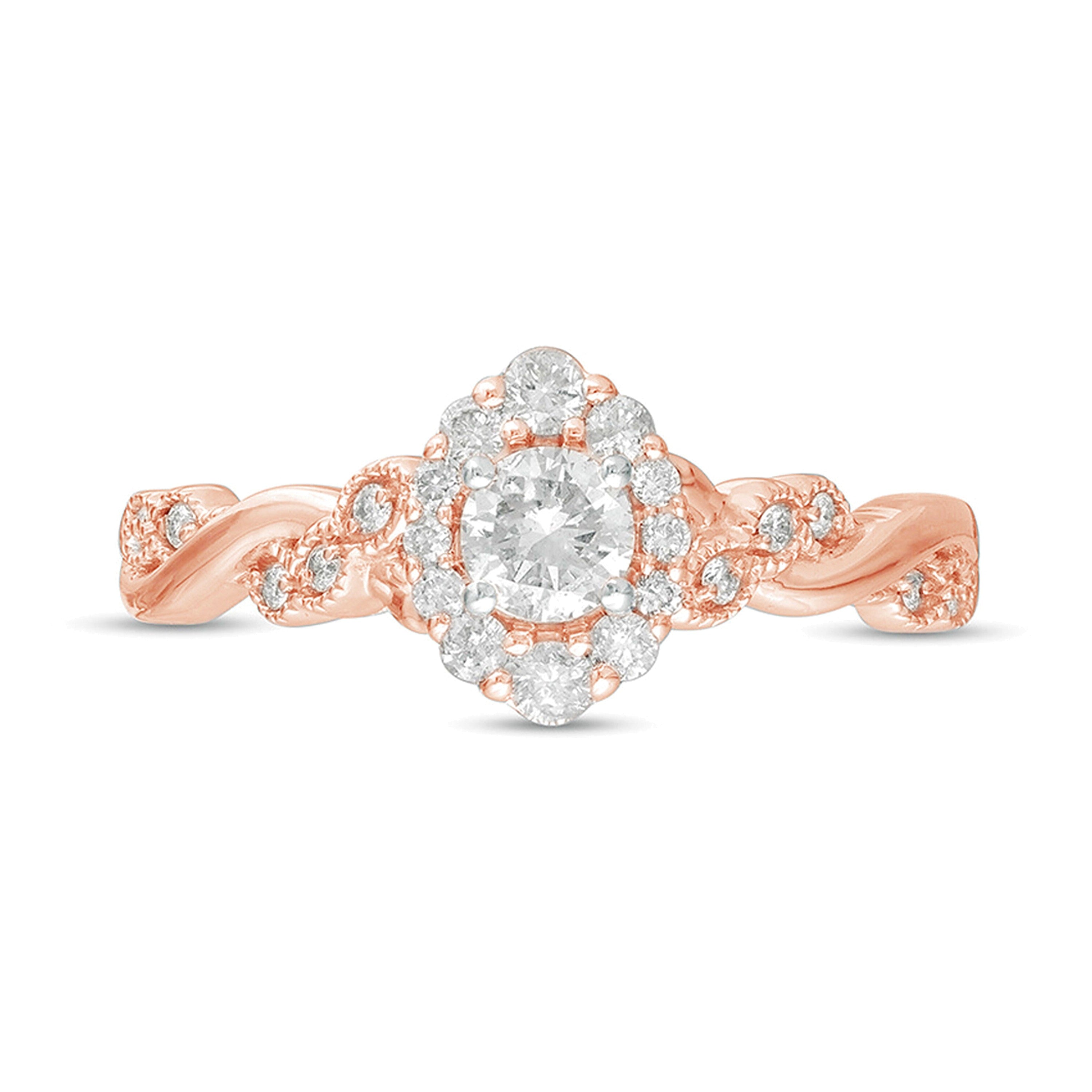 0.5 CT. TW Diamond Frame Vintage-Style Twist Shank Engagement Ring in 10K Rose Gold