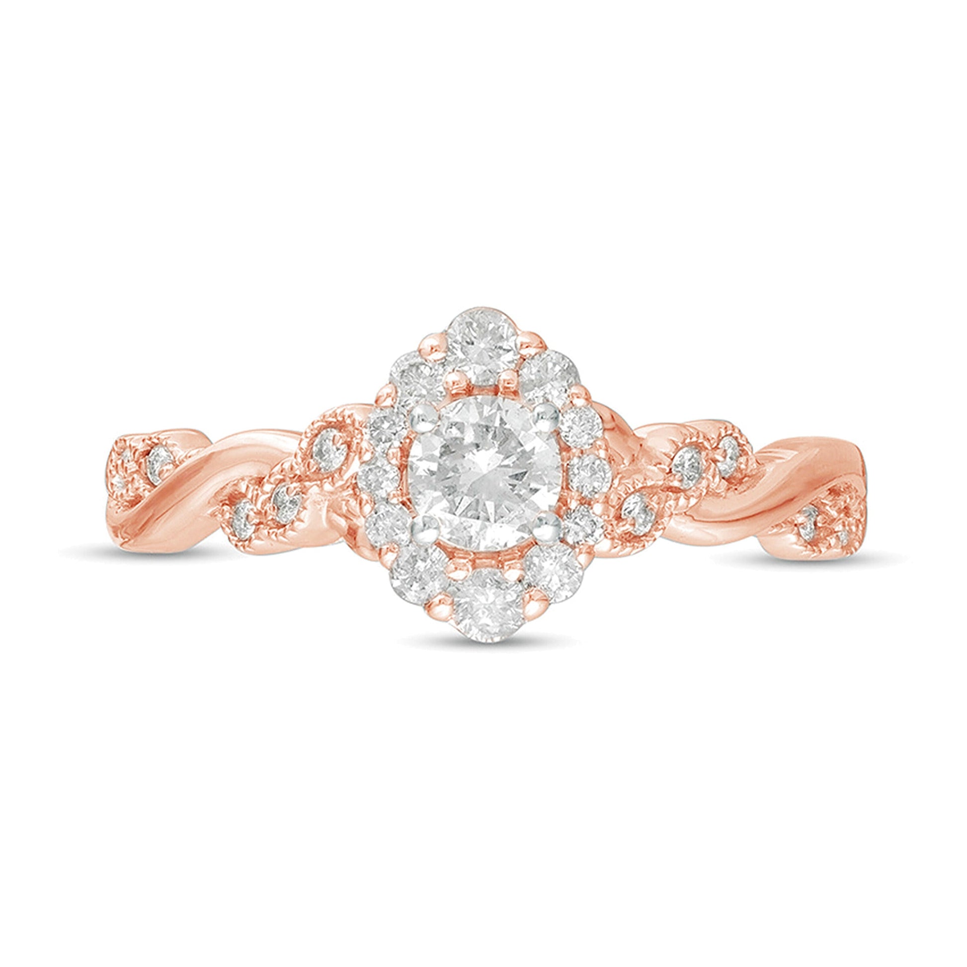 0.5 CT. TW Diamond Frame Vintage-Style Twist Shank Engagement Ring in 10K Rose Gold