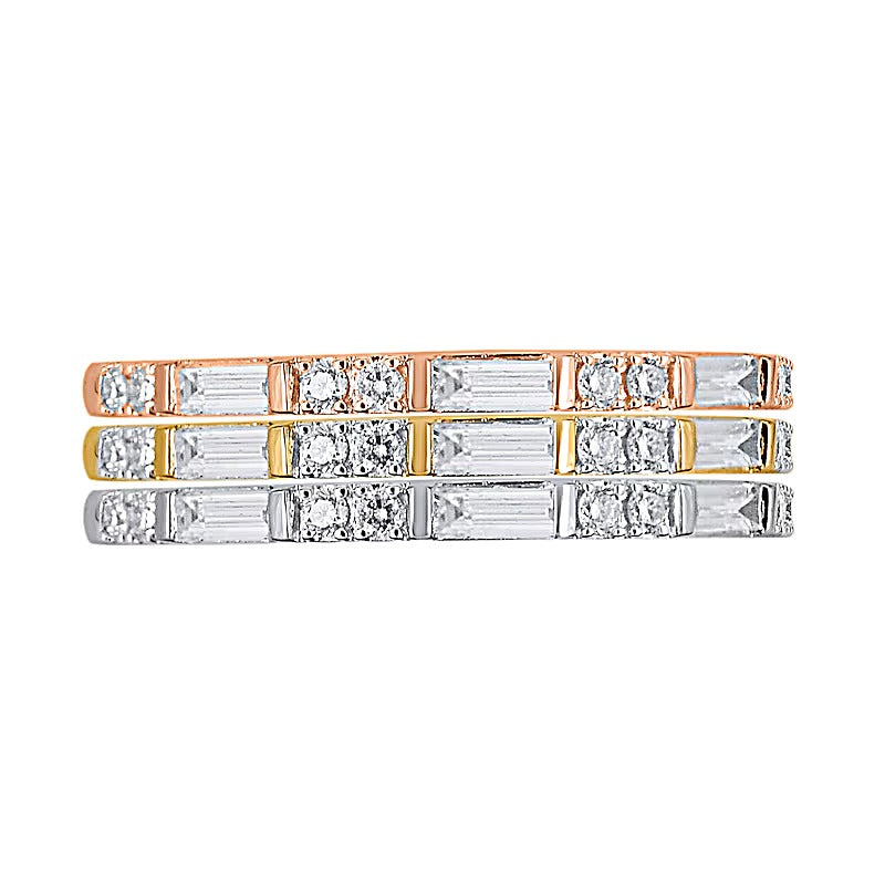 0.38 CT. TW Baguette and Round Diamond Duo Three Piece Stackable Ring Set in Sterling Silver and Two-Tone Rhodium