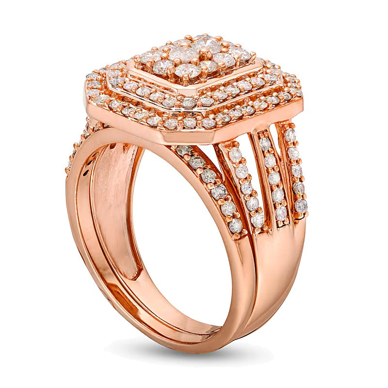 1.25 CT. TW Emerald Multi-Diamond Elongated Octagon Frame Split Shank Bridal Set in 10K Rose Gold
