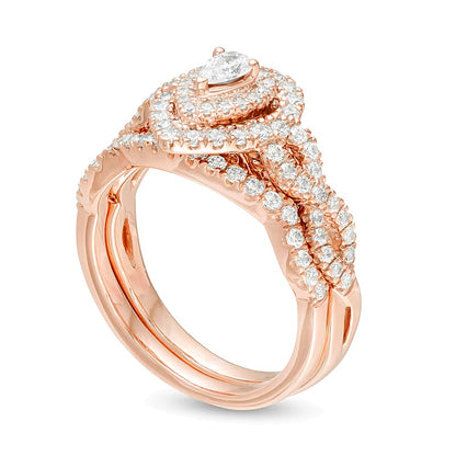 1.0 CT. TW Pear-Shaped Diamond Double Frame Twist Shank Bridal Set in 14K Rose Gold