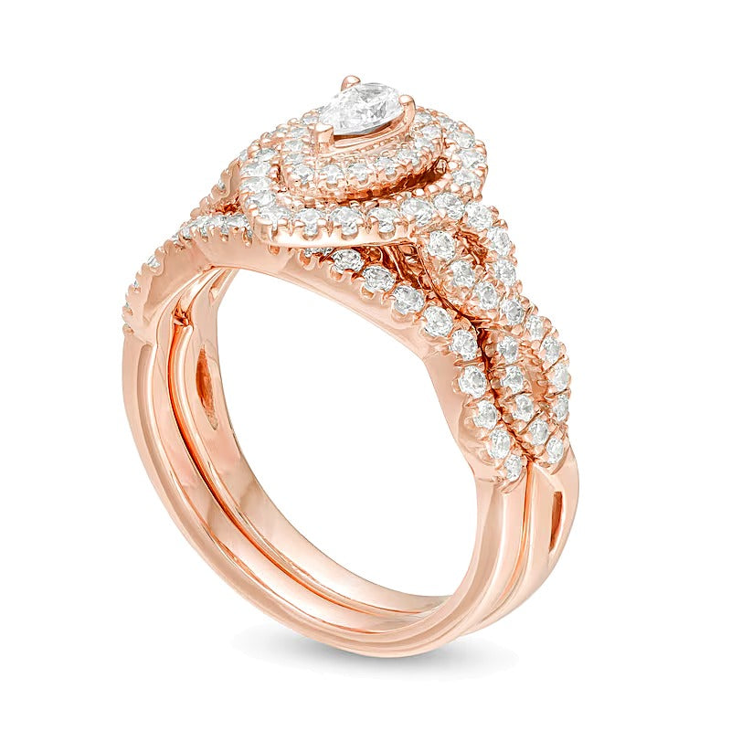 1.0 CT. TW Pear-Shaped Diamond Double Frame Twist Shank Bridal Set in 14K Rose Gold