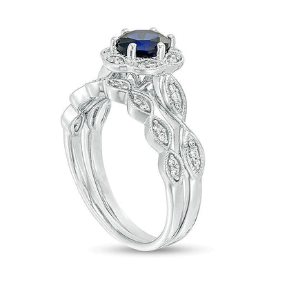 6.0mm Lab-Created Blue Sapphire and 0.2 CT. TW Diamond Frame Bridal Set in 10K White Gold