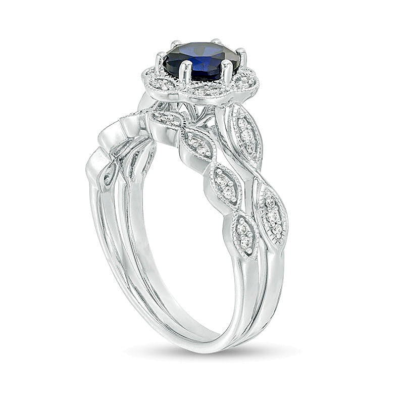 6.0mm Lab-Created Blue Sapphire and 0.2 CT. TW Diamond Frame Bridal Set in 10K White Gold