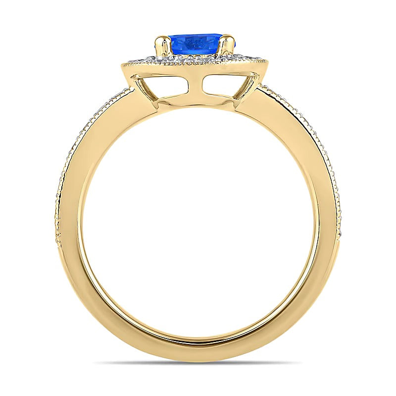 6.0mm Blue Sapphire and 0.38 CT. TW Lab-Grown Diamond Frame Vintage-Style Ring in 14K Gold