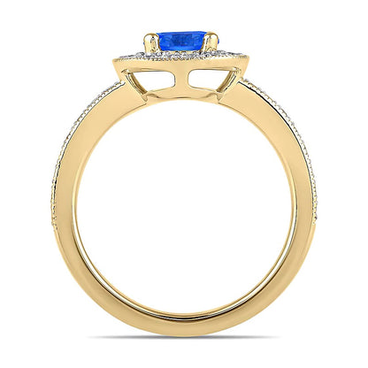 6.0mm Blue Sapphire and 0.38 CT. TW Lab-Grown Diamond Frame Vintage-Style Ring in 14K Gold