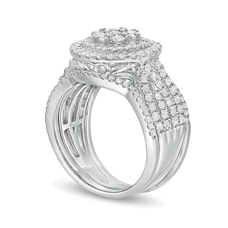 1.5 CT. TW Composite Diamond Double Frame Multi-Row Three Piece Bridal Set in 10K White Gold