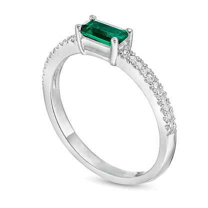 Sideways Baguette Lab-Created Emerald and 0.1 CT. TW Diamond Stackable Ring in 10K White Gold