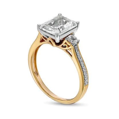 Emerald-Cut White Lab-Created Sapphire and 0.1 CT. TW Diamond Three Stone Engagement Ring in 14K Gold Over Silver