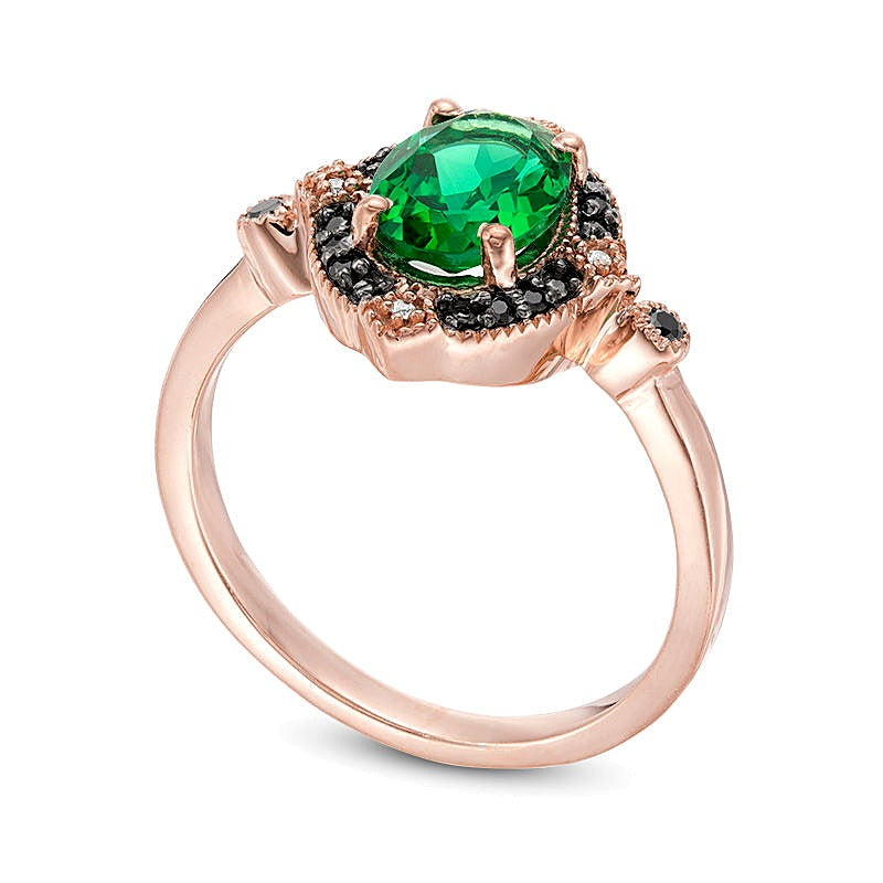 Oval Lab-Created Emerald and 0.07 CT. TW Enhanced Black and White Diamond Vintage-Style Ring in 10K Rose Gold