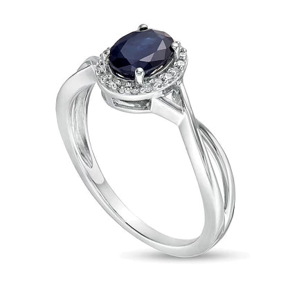 Oval Blue Sapphire and 0.07 CT. TW Diamond Frame Twist Shank Ring in 10K White Gold