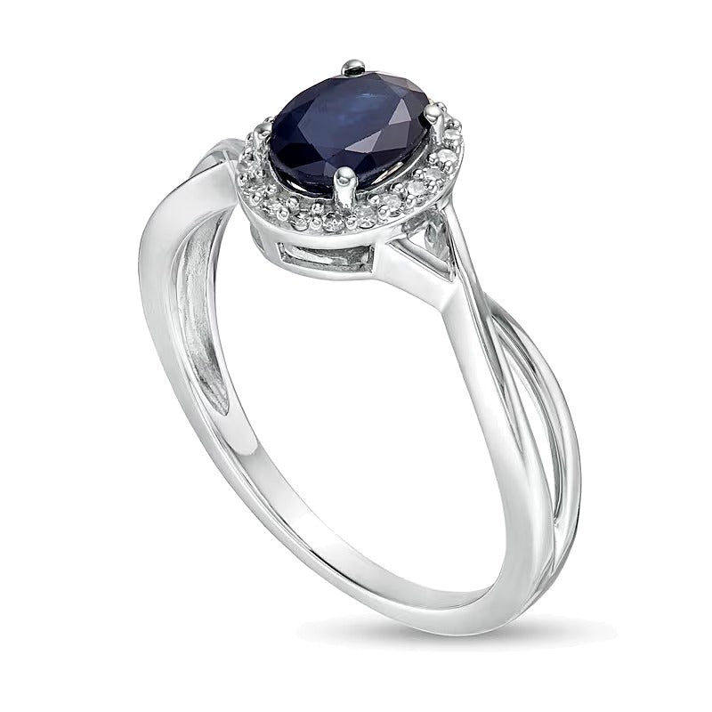 Oval Blue Sapphire and 0.07 CT. TW Diamond Frame Twist Shank Ring in 10K White Gold