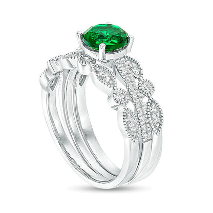 6.5mm Lab-Created Emerald and 0.25 CT. TW Diamond Vintage-Style Three Piece Bridal Set in Sterling Silver