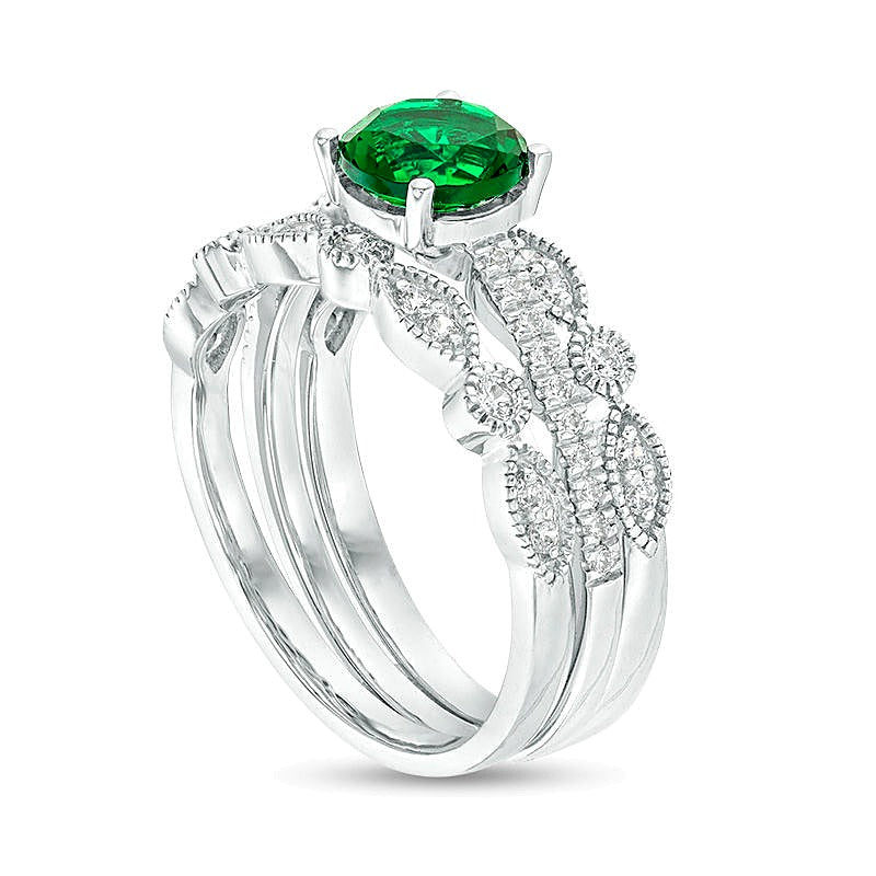 6.5mm Lab-Created Emerald and 0.25 CT. TW Diamond Vintage-Style Three Piece Bridal Set in Sterling Silver