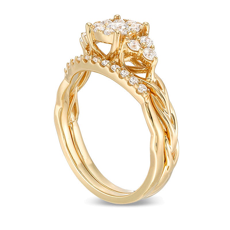 0.63 CT. TW Diamond Frame Tri-Sides Braid Shank Bridal Set in 14K Gold