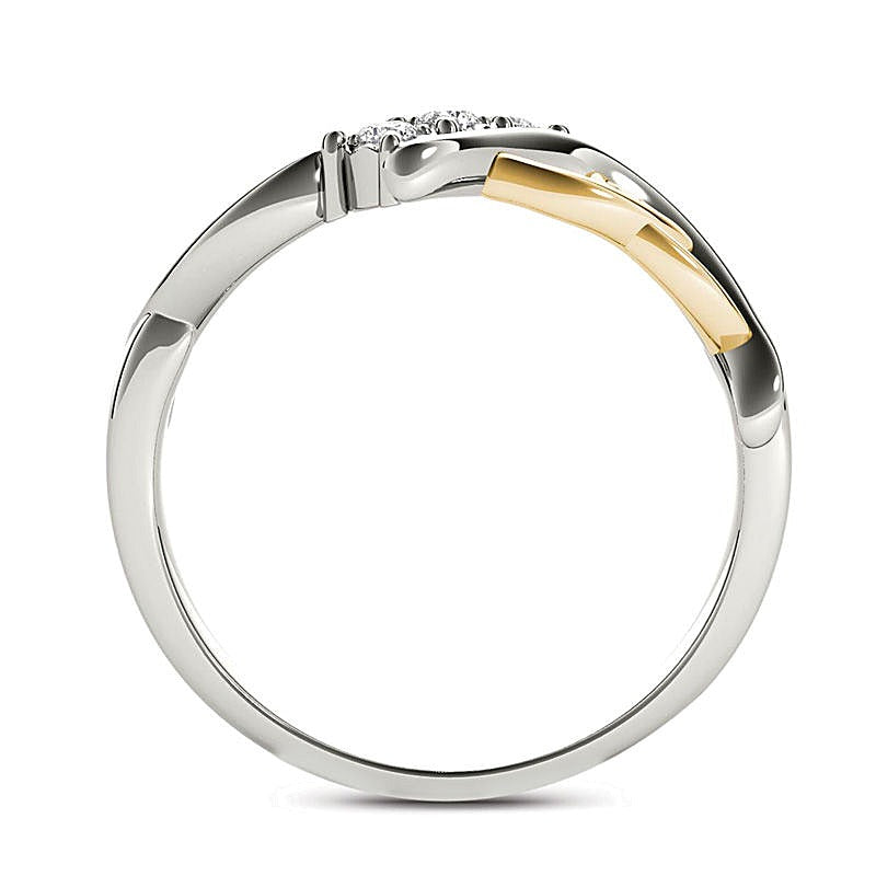 0.1 CT. TW Diamond Three Stone Bypass with Hearts Ring in 14K White Gold and Yellow Rhodium