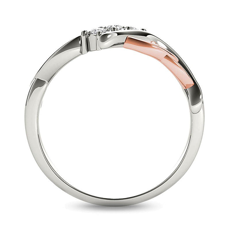 0.1 CT. TW Diamond Three Stone Bypass with Hearts Ring in 14K White Gold and Rose Rhodium