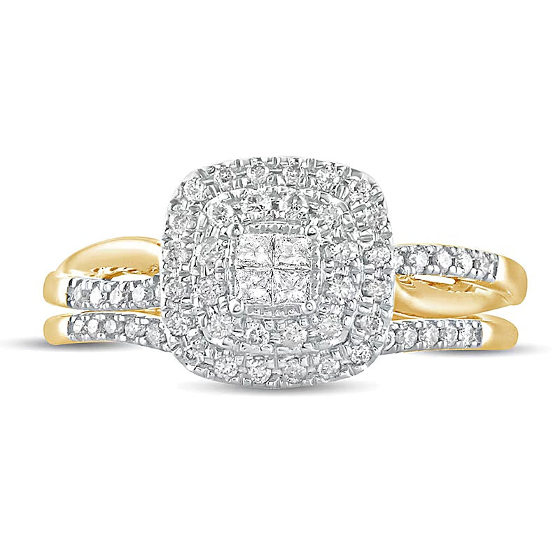 0.38 CT. TW Princess-Cut Quad Diamond Cushion Frame Bridal Set in 10K Gold