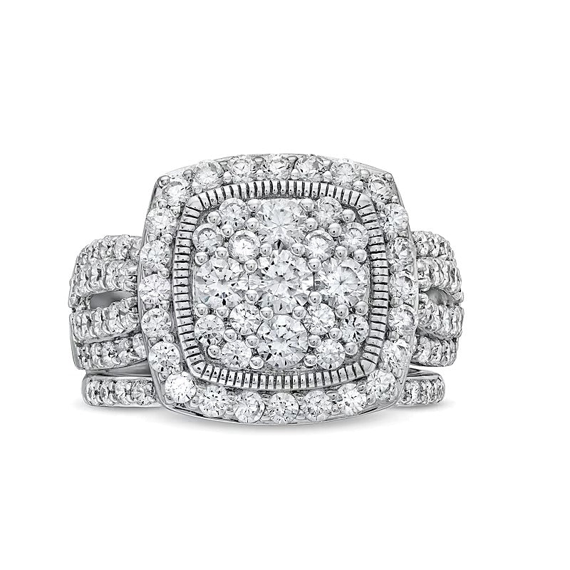 2.0 CT. TW Cushion Multi-Diamond Frame Split Shank Vintage-Style Bridal Set in 10K White Gold